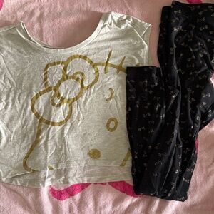 Girls Hello Kitty outfit set - gold shiny top & leggings neutral colors